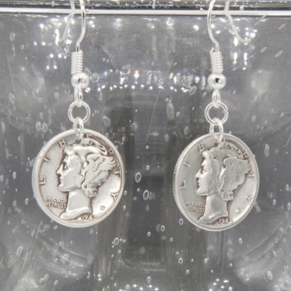 Vintage Silver Mercury Dime Drop Hook Earrings Flat or Domed & Polished - Picture 4 of 5